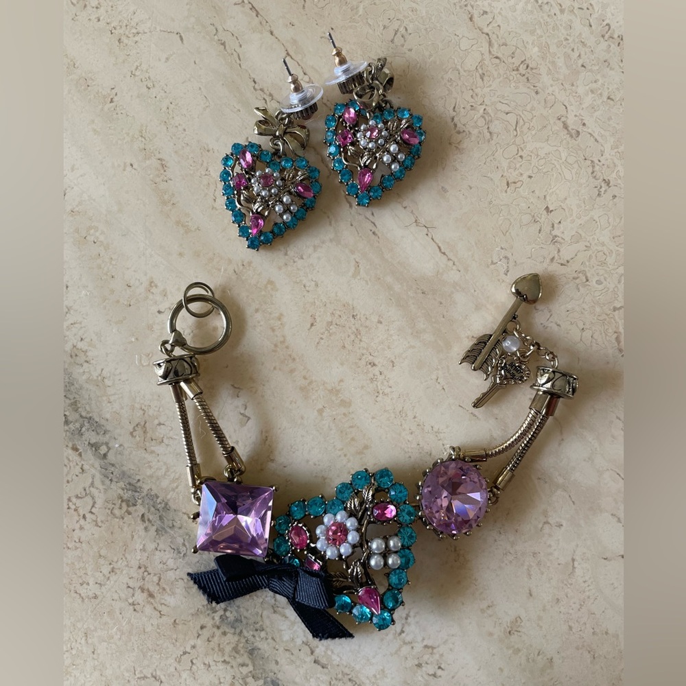 Betsey Johnson Pink/blue Heart Earrings and Bracelet Set